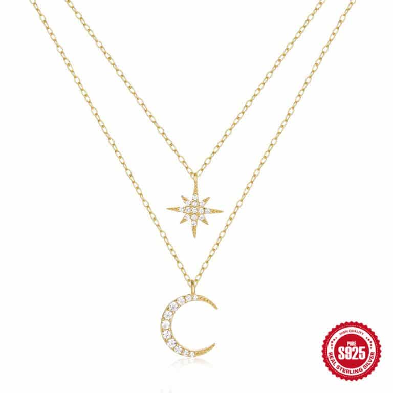 Sterling silver wholesale necklace with pendant for jewelry retailers Layered gold necklace with crescent moon and star charms