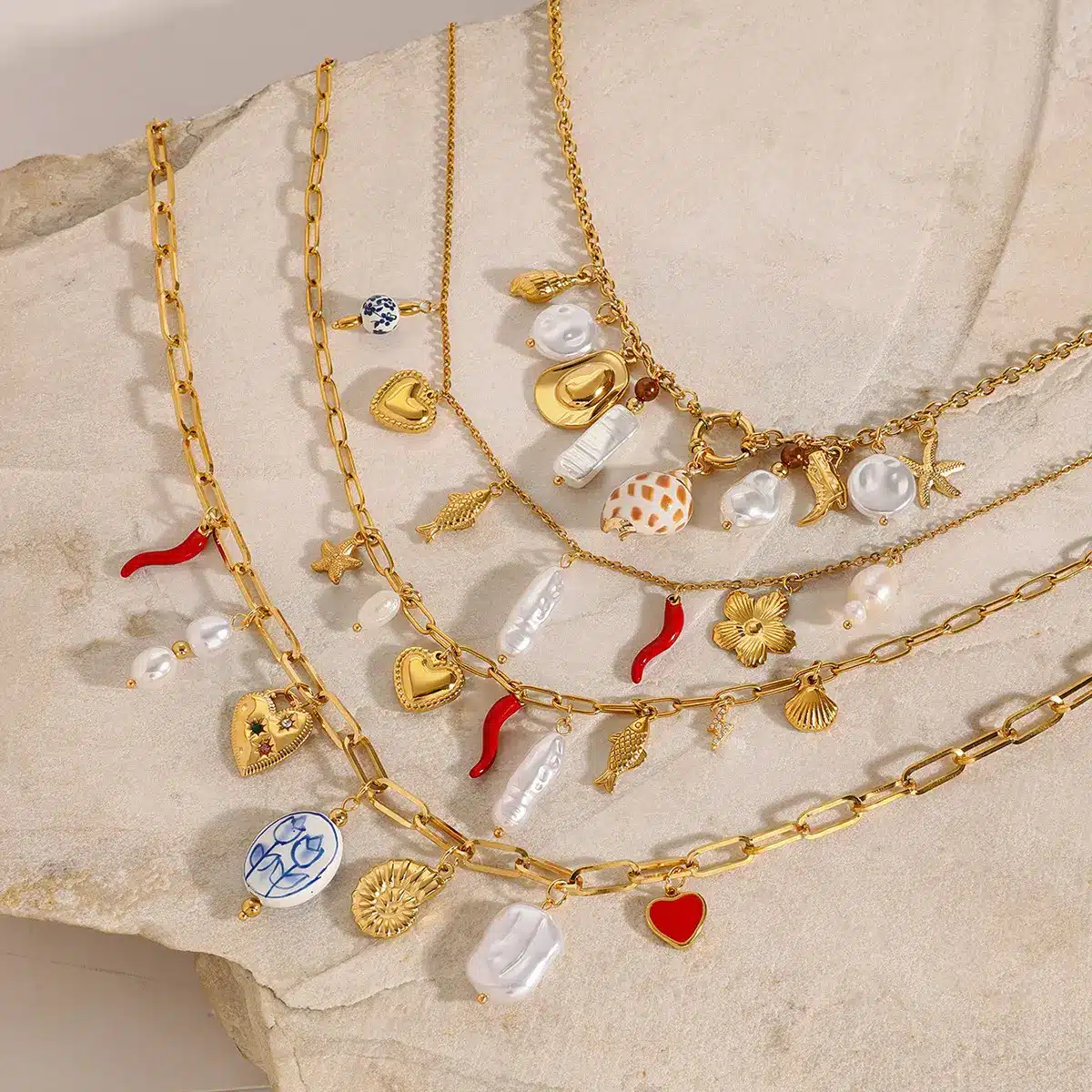 Multi-layer necklace set with mixed charms and colorful crystal accents