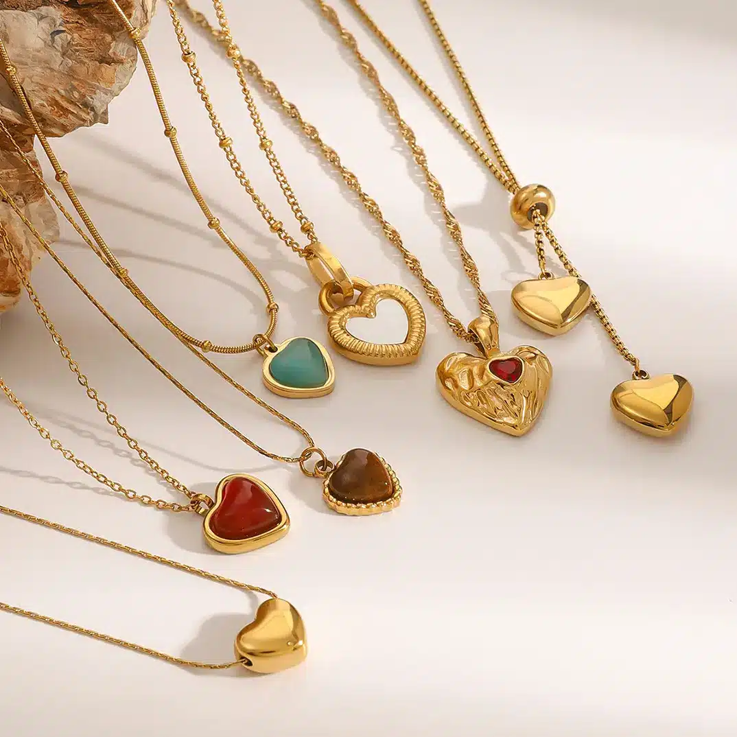 Colorful gemstone pendant necklace collection in stainless steel gold finish
