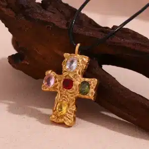 Gold cross pendant necklace with colorful gemstones
