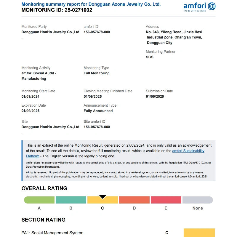 HonHo Jewelry BSCI Certificate