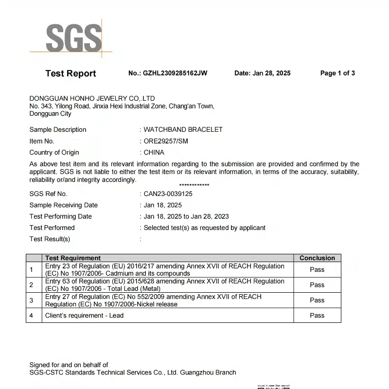 HonHo Jewelry test report