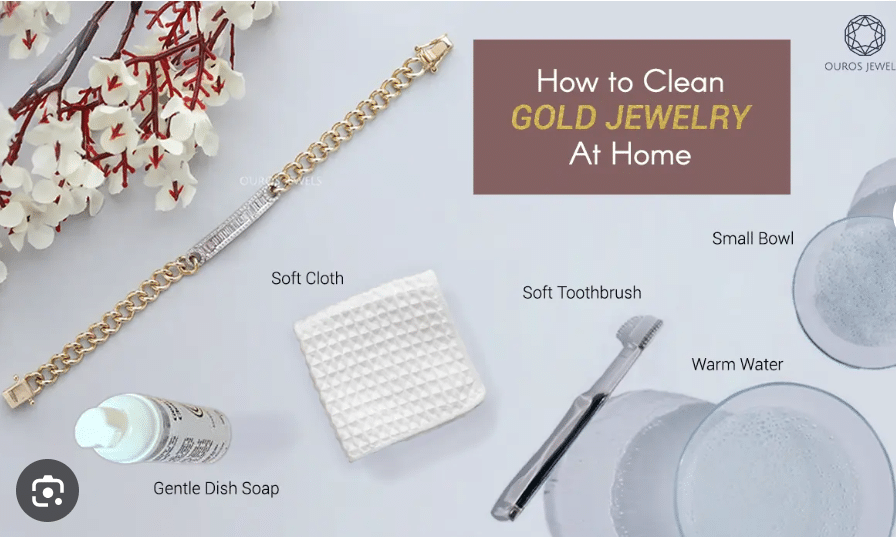 Visual guide showing the steps for cleaning gold plated jewelry