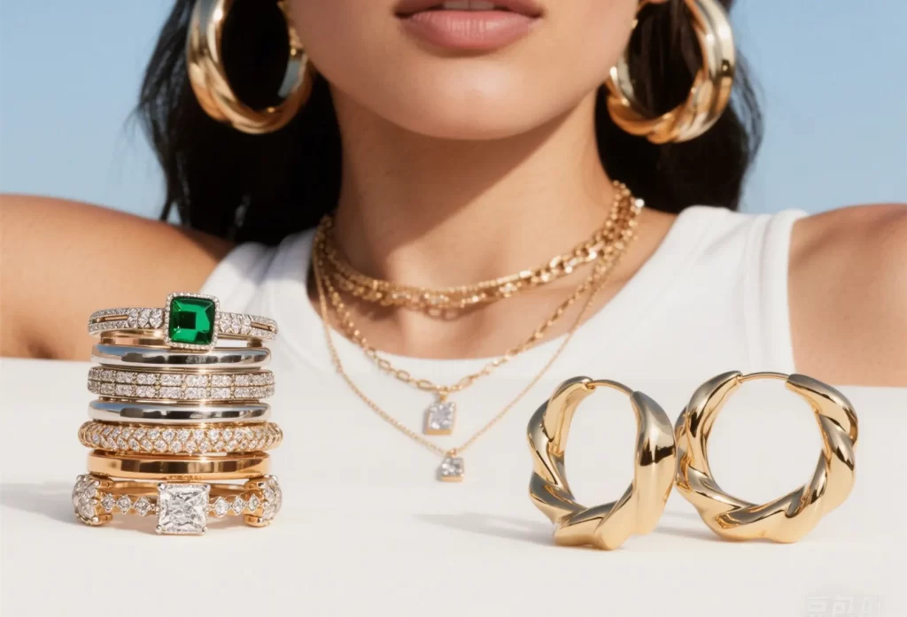 Trending jewelry styles including stackable rings, layered necklaces and chunky hoop earrings
