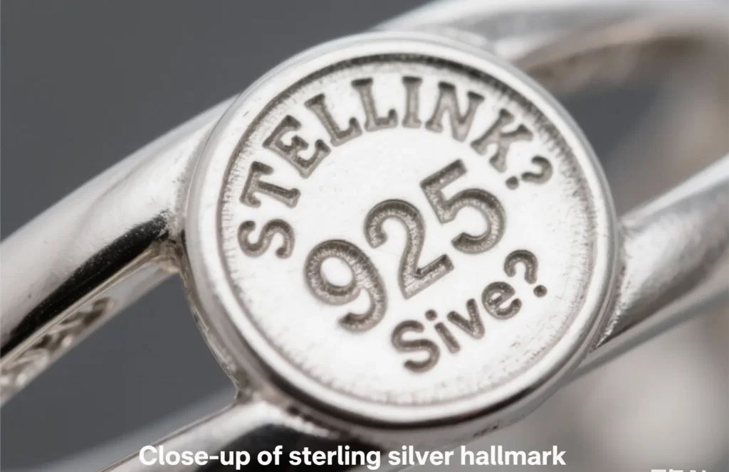Close-up of sterling silver hallmark showing 925 stamp indicating genuine quality