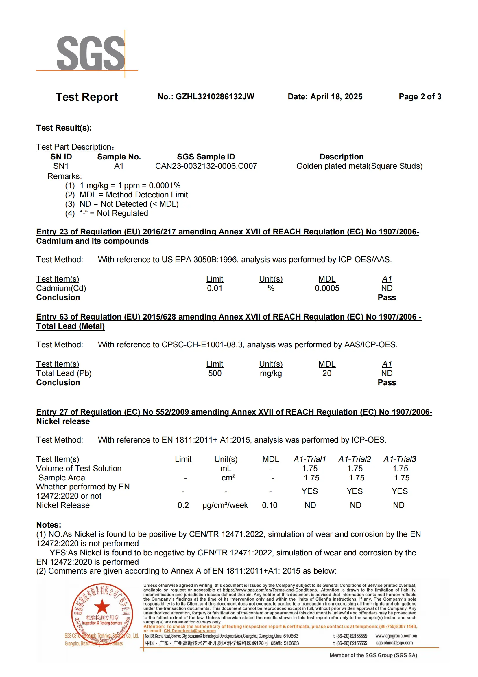 Test report from SGS