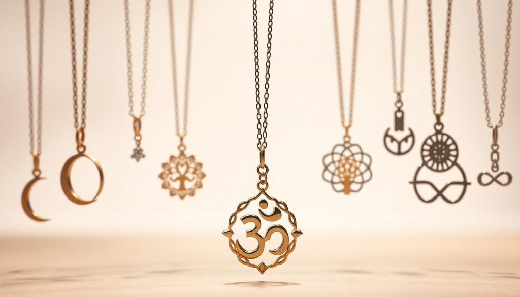 A beautiful arrangement of spiritual symbol necklaces, crafted with HonHo Jewelry's exquisite artistry. In the foreground, a delicate pendant featuring a serene Ohm symbol hangs from a fine chain, radiating a sense of inner peace. Surrounding it, a collection of intricately designed necklaces showcases symbols such as the crescent moon, the Tree of Life, and the infinity sign, each imbued with profound spiritual meaning. The middle ground is filled with a soft, diffused light, creating a warm, contemplative atmosphere. In the background, a neutral, minimalist backdrop allows the jewelry to take center stage, highlighting its elegance and significance. The overall composition captures the essence of spiritual jewelry, inviting the viewer to explore the deep symbolism and personal significance these pieces hold. A beautiful arrangement of spiritual symbol necklaces, crafted with HonHo Jewelry's exquisite artistry. In the foreground, a delicate pendant featuring a serene Ohm symbol hangs from a fine chain, radiating a sense of inner peace. Surrounding it, a collection of intricately designed necklaces showcases symbols such as the crescent moon, the Tree of Life, and the infinity sign, each imbued with profound spiritual meaning. The middle ground is filled with a soft, diffused light, creating a warm, contemplative atmosphere. In the background, a neutral, minimalist backdrop allows the jewelry to take center stage, highlighting its elegance and significance. The overall composition captures the essence of spiritual jewelry, inviting the viewer to explore the deep symbolism and personal significance these pieces hold.