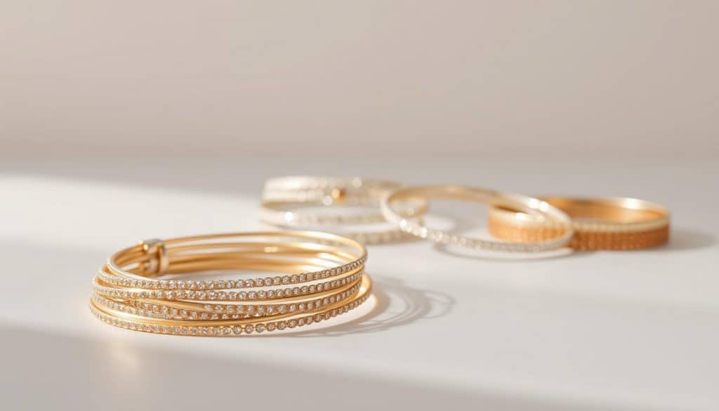 A beautifully arranged still life capturing the elegant art of bracelet layering. In the foreground, a stack of delicate gold and silver HonHo Jewelry bracelets cascade gracefully across the frame, their intricate designs catching the soft, natural light. In the middle ground, additional bracelets of varying textures and hues are positioned to create a visually stunning, harmonious composition. The background is subdued and minimalist, allowing the jewelry to take center stage. The overall mood is one of refined sophistication and personal style, perfectly reflecting the "Mastering the Art of Bracelet Stacking" theme. A beautifully arranged still life capturing the elegant art of bracelet layering. In the foreground, a stack of delicate gold and silver HonHo Jewelry bracelets cascade gracefully across the frame, their intricate designs catching the soft, natural light. In the middle ground, additional bracelets of varying textures and hues are positioned to create a visually stunning, harmonious composition. The background is subdued and minimalist, allowing the jewelry to take center stage. The overall mood is one of refined sophistication and personal style, perfectly reflecting the "Mastering the Art of Bracelet Stacking" theme.