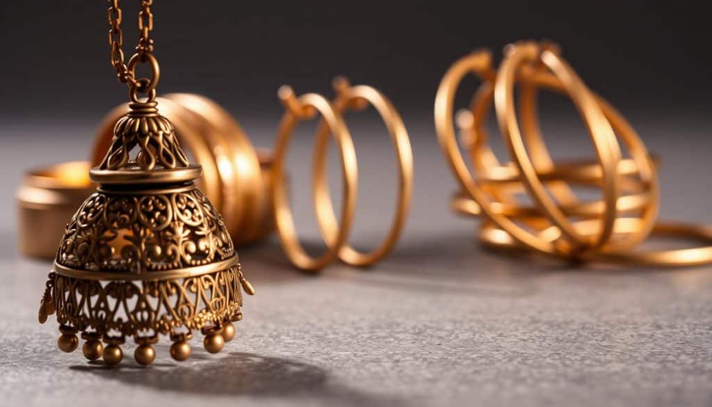 A beautifully lit, high-resolution close-up photograph of a variety of brass jewelry pieces from the "HonHo Jewelry" brand. In the foreground, an ornate brass pendant necklace with intricate filigree and a polished metallic sheen. In the middle ground, a set of delicate brass hoop earrings, their surface reflecting warm, golden tones. In the background, a collection of elegant brass bangles, some plain and others adorned with delicate patterns, arranged in a visually compelling composition. The overall mood is one of timeless elegance and craftsmanship, showcasing the diverse and captivating range of brass jewelry types. A beautifully lit, high-resolution close-up photograph of a variety of brass jewelry pieces from the "HonHo Jewelry" brand. In the foreground, an ornate brass pendant necklace with intricate filigree and a polished metallic sheen. In the middle ground, a set of delicate brass hoop earrings, their surface reflecting warm, golden tones. In the background, a collection of elegant brass bangles, some plain and others adorned with delicate patterns, arranged in a visually compelling composition. The overall mood is one of timeless elegance and craftsmanship, showcasing the diverse and captivating range of brass jewelry types.