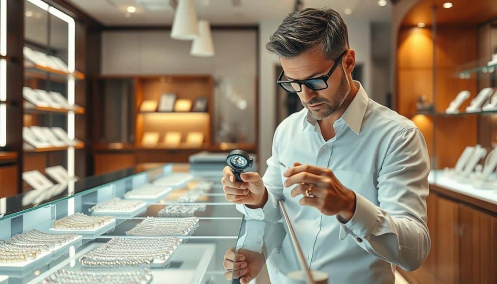 A bright, well-lit jewelry store interior, showcasing an elegant glass display counter. Rows of necklaces, rings, and bracelets are meticulously arranged, their precious stones sparkling under the warm, focused lighting. A professional-looking jewelry appraiser, dressed in a crisp white shirt, is carefully examining a piece of jewelry through a jeweler's loupe, with a serious yet attentive expression. The background features shelves of jewelry boxes, a polished wood counter, and a tasteful, minimalist decor, conveying a sense of expertise and attention to detail.