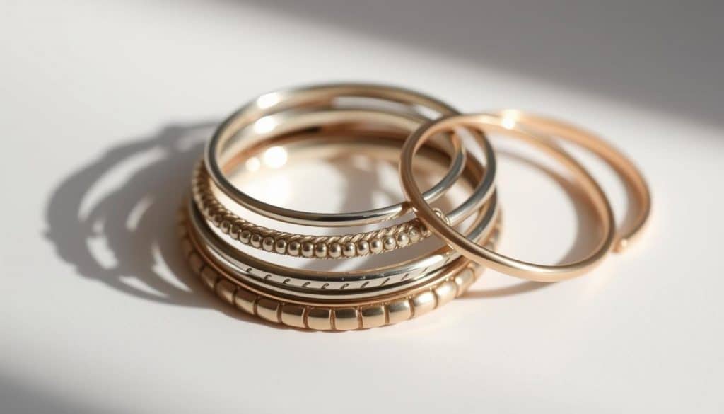 A carefully composed arrangement of layered metal rings in varying sizes, textures, and finishes. The rings are delicately balanced, creating a harmonious interplay of proportions and silhouettes. The lighting is soft and diffused, emphasizing the subtle reflections and shadows that dance across the surfaces. The overall aesthetic is elegant, modern, and refined, showcasing the craftsmanship of HonHo Jewelry. The image is captured from a high angle, allowing the viewer to appreciate the graceful stacking and layering of the rings. A carefully composed arrangement of layered metal rings in varying sizes, textures, and finishes. The rings are delicately balanced, creating a harmonious interplay of proportions and silhouettes. The lighting is soft and diffused, emphasizing the subtle reflections and shadows that dance across the surfaces. The overall aesthetic is elegant, modern, and refined, showcasing the craftsmanship of HonHo Jewelry. The image is captured from a high angle, allowing the viewer to appreciate the graceful stacking and layering of the rings.