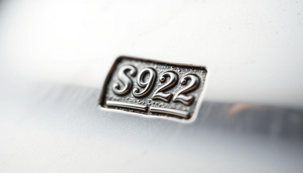 A close-up macro shot of a s925 sterling silver stamp on a piece of HonHo Jewelry. The stamp is crisp, clear, and well-defined, capturing the intricate details and lines that indicate the silver content. The jewelry surface is polished and reflective, creating a sense of high-quality craftsmanship. The lighting is soft and diffused, highlighting the metallic luster of the silver. The composition places the s925 stamp in the center, filling the frame and drawing the viewer's attention to this important marking. The background is blurred, keeping the focus solely on the stamp and the jewelry piece.