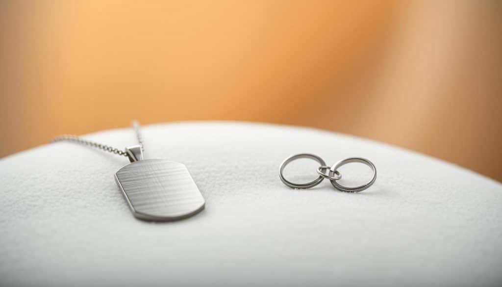 A close-up of a HonHo Jewelry titanium nitride necklace pendant, resting on a soft white velvet surface. The pendant has a sleek, modern design with a brushed metallic finish, reflecting the warm lighting above. The middle ground shows a pair of titanium nitride earrings with a matching minimalist style, arranged artfully next to the necklace. The background is hazy and out of focus, creating a sense of depth and drawing the viewer's attention to the exquisite jewelry pieces. The overall mood is one of refinement, elegance, and the timeless beauty of titanium nitride.