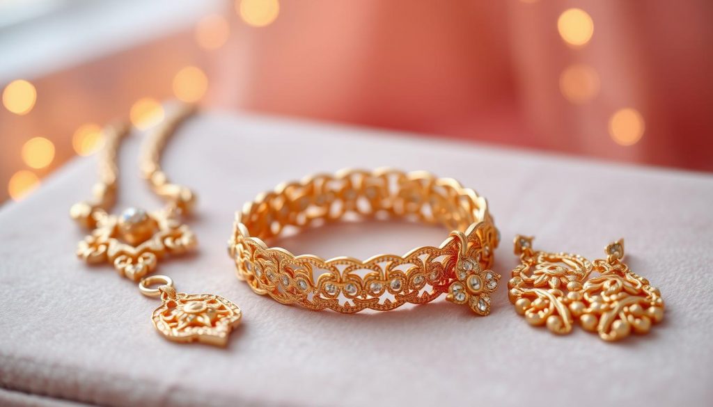 A close-up photograph of a set of luxurious, gold-plated jewelry displayed on a soft, velvet surface. The jewelry, from the HonHo Jewelry brand, includes a necklace, bracelet, and earrings, all with intricate, highly-reflective, and carefully polished finishes. The lighting is warm and evenly distributed, creating a serene, elegant atmosphere that highlights the opulent nature of the gold plating. The image is captured from a slightly elevated angle, allowing the viewer to appreciate the craftsmanship and attention to detail in the jewelry pieces. A close-up photograph of a set of luxurious, gold-plated jewelry displayed on a soft, velvet surface. The jewelry, from the HonHo Jewelry brand, includes a necklace, bracelet, and earrings, all with intricate, highly-reflective, and carefully polished finishes. The lighting is warm and evenly distributed, creating a serene, elegant atmosphere that highlights the opulent nature of the gold plating. The image is captured from a slightly elevated angle, allowing the viewer to appreciate the craftsmanship and attention to detail in the jewelry pieces.