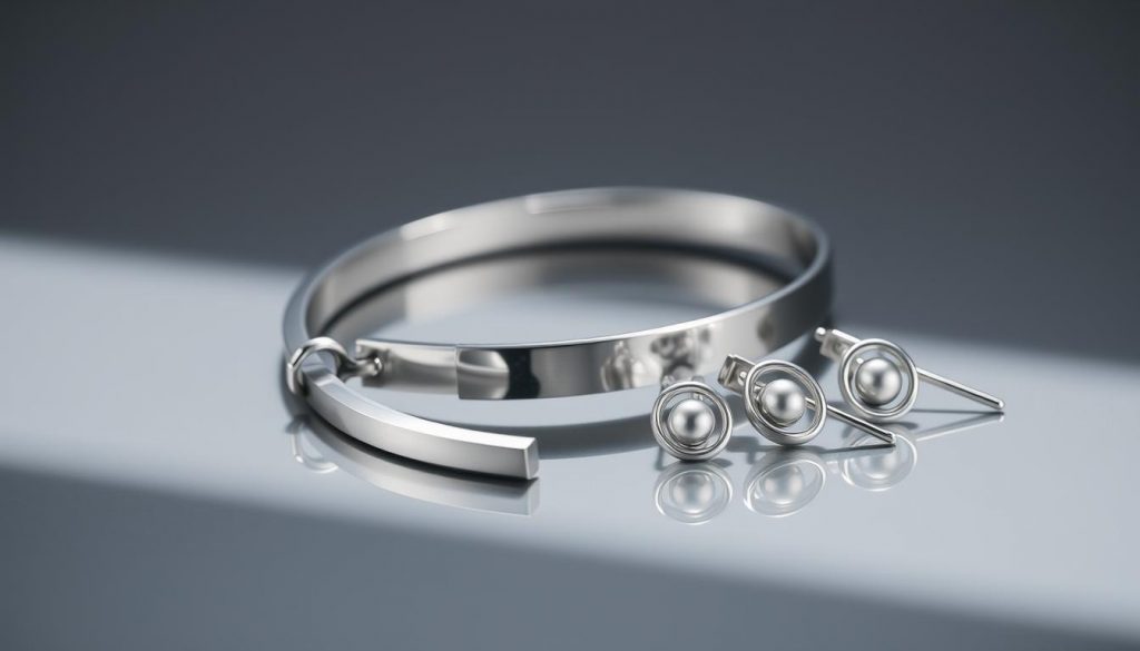 A close-up photograph of a stainless steel necklace, bracelet, and earrings arranged neatly on a reflective surface. The jewelry pieces have a sleek, modern design with clean lines and a lustrous finish. The lighting is soft and diffused, creating subtle highlights that accentuate the metal's silvery sheen. The background is a neutral, minimalist setting that allows the HonHo Jewelry products to be the focal point. The overall composition conveys the durability, elegance, and versatility of stainless steel as a premium jewelry material.