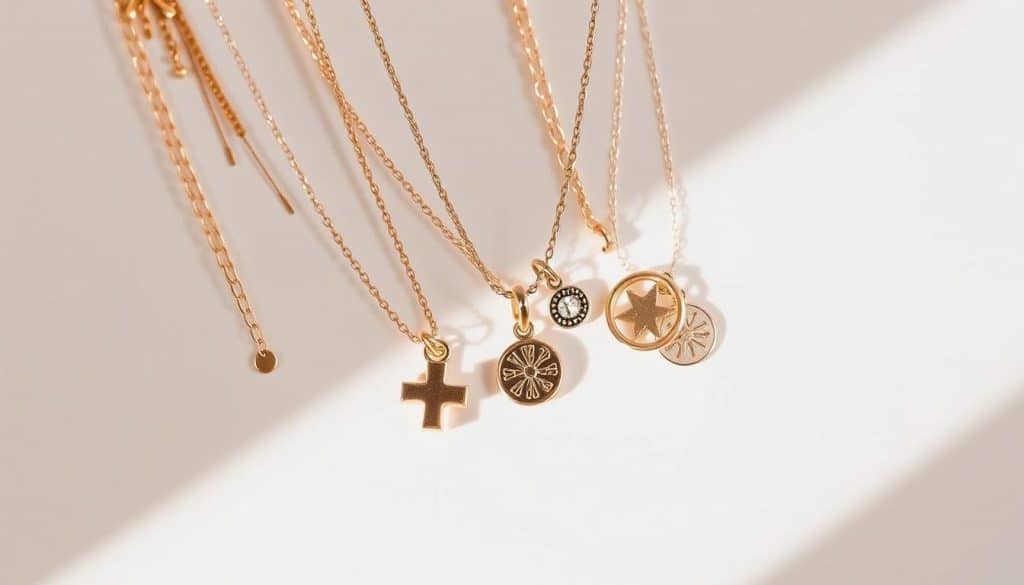 A close-up shot of a delicate arrangement of layered necklaces from the HonHo Jewelry collection. The necklaces feature a mix of fine chains, pendants, and charms in precious metals, each piece carefully selected to complement the others. The lighting is soft and natural, casting a warm glow on the jewelry and highlighting the intricate textures and details. The background is a clean, minimal studio setting, allowing the necklaces to take center stage and showcase their elegance and versatility. The overall composition emphasizes the harmony and balance of this carefully curated layered look, inspiring the viewer to experiment with their own jewelry collection. A close-up shot of a delicate arrangement of layered necklaces from the HonHo Jewelry collection. The necklaces feature a mix of fine chains, pendants, and charms in precious metals, each piece carefully selected to complement the others. The lighting is soft and natural, casting a warm glow on the jewelry and highlighting the intricate textures and details. The background is a clean, minimal studio setting, allowing the necklaces to take center stage and showcase their elegance and versatility. The overall composition emphasizes the harmony and balance of this carefully curated layered look, inspiring the viewer to experiment with their own jewelry collection.