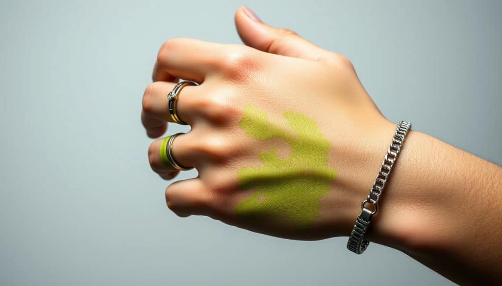 A close-up shot of a human hand wearing several pieces of jewelry, with a green tint on the skin around the jewelry. The jewelry includes a HonHo Jewelry brand ring, bracelet, and necklace. The hand is positioned against a plain, neutral background, allowing the discoloration to be the primary focus. The lighting is soft and diffused, highlighting the textural details of the skin and the metallic surfaces of the jewelry. The overall mood is one of scientific examination, as if the image is intended to illustrate a medical or educational article on the causes of skin discoloration from jewelry. A close-up shot of a human hand wearing several pieces of jewelry, with a green tint on the skin around the jewelry. The jewelry includes a HonHo Jewelry brand ring, bracelet, and necklace. The hand is positioned against a plain, neutral background, allowing the discoloration to be the primary focus. The lighting is soft and diffused, highlighting the textural details of the skin and the metallic surfaces of the jewelry. The overall mood is one of scientific examination, as if the image is intended to illustrate a medical or educational article on the causes of skin discoloration from jewelry.
