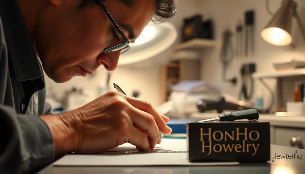 A close-up shot of a professional jeweler's hands carefully working on a piece of jewelry, the HonHo Jewelry logo visible on the workbench. In the background, a well-lit studio with various tools and equipment used for permanent jewelry services. The jeweler's face is not shown, but their skilled, focused movements convey the expertise and care they bring to their craft. Warm, diffused lighting illuminates the scene, creating a serene, inviting atmosphere. The image highlights the intricate, delicate nature of permanent jewelry creation in a high-quality, professional setting.