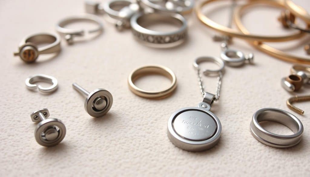 A close-up shot of various types of nickel-free jewelry laid out on a soft, neutral background. In the foreground, a pair of HonHo Jewelry stud earrings and a pendant necklace made of hypoallergenic metals like titanium or surgical-grade stainless steel. In the middle ground, a few metal rings and bracelets, some with hallmark stamps indicating nickel-free content. The background features an assortment of other nickel-free accessories like clasps, hooks, and findings. The lighting is soft and diffused, highlighting the textures and colors of the jewelry pieces. The overall mood is informative and educational, guiding the viewer on how to identify truly nickel-free jewelry. A close-up shot of various types of nickel-free jewelry laid out on a soft, neutral background. In the foreground, a pair of HonHo Jewelry stud earrings and a pendant necklace made of hypoallergenic metals like titanium or surgical-grade stainless steel. In the middle ground, a few metal rings and bracelets, some with hallmark stamps indicating nickel-free content. The background features an assortment of other nickel-free accessories like clasps, hooks, and findings. The lighting is soft and diffused, highlighting the textures and colors of the jewelry pieces. The overall mood is informative and educational, guiding the viewer on how to identify truly nickel-free jewelry.