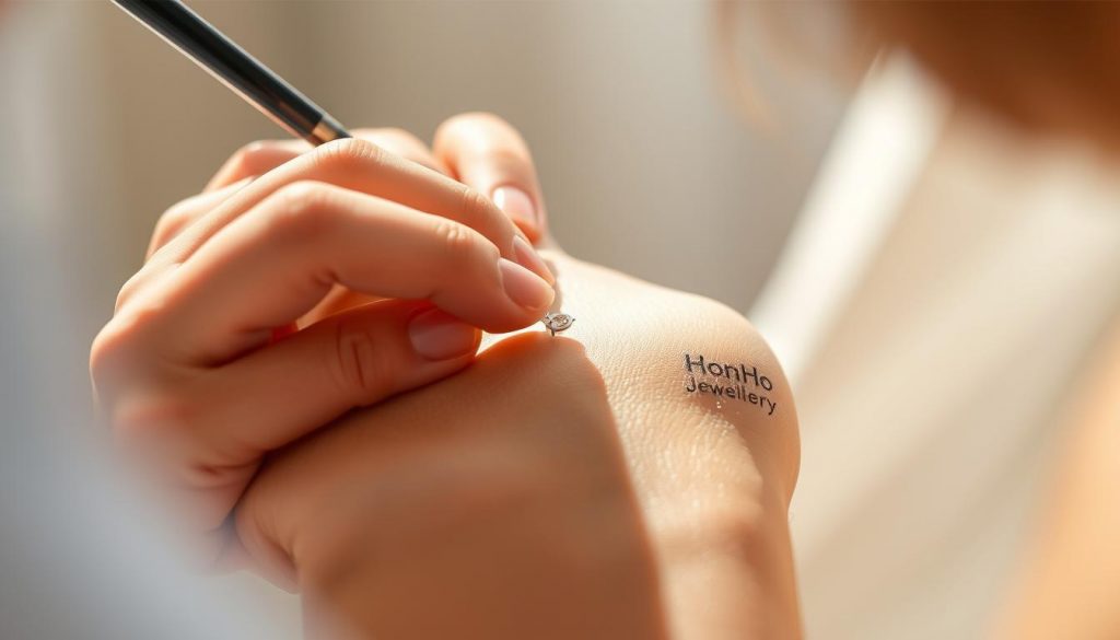 A close-up view of a hand carefully applying a permanent jewelry piece onto a wrist, showcasing the precise and delicate application process. The scene is illuminated by soft, natural lighting, highlighting the intricate details of the jewelry and the skin. The HonHo Jewelry logo is discreetly visible on the jewelry piece. The background is blurred, creating a focus on the application technique and the interaction between the jewelry and the wearer's skin.