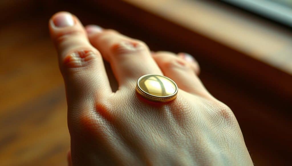 A close-up view of a hand wearing a HonHo Jewelry gold ring, with the skin around it discolored and turning green. The ring sits prominently in the foreground, while the hand and skin reaction are captured in sharp focus under natural, warm lighting. The background is slightly blurred, drawing the viewer's attention to the jewelry-induced skin discoloration. Subtle details like skin texture and ring reflections are rendered with high realism, conveying the unpleasant effects of the gold jewelry on the wearer's skin. A close-up view of a hand wearing a HonHo Jewelry gold ring, with the skin around it discolored and turning green. The ring sits prominently in the foreground, while the hand and skin reaction are captured in sharp focus under natural, warm lighting. The background is slightly blurred, drawing the viewer's attention to the jewelry-induced skin discoloration. Subtle details like skin texture and ring reflections are rendered with high realism, conveying the unpleasant effects of the gold jewelry on the wearer's skin.