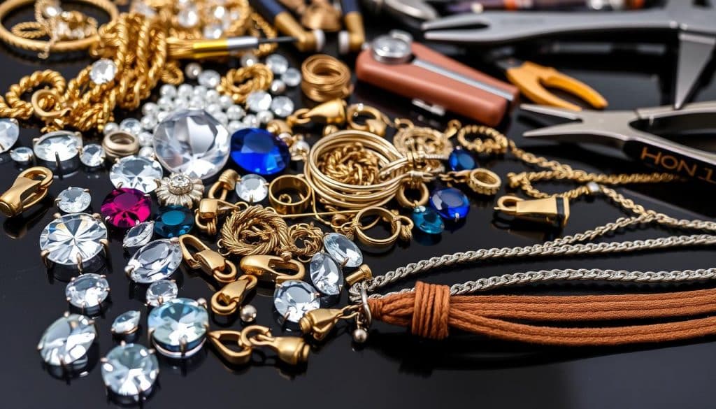 A close-up view of a wide variety of premium custom jewelry materials, arranged artfully on a dark, reflective surface. In the foreground, shimmering gemstones of various cuts and colors, including diamonds, sapphires, and rubies, are displayed alongside polished metal findings like clasps, chains, and settings in gold and silver hues. The middle ground features intricate woven wire, delicate filigree, and textured leather or suede in earthy tones. In the background, a selection of high-quality tools and instruments used by skilled HonHo Jewelry craftspeople, such as pliers, hammers, and magnifying glasses, is visible, conveying a sense of the meticulous attention to detail that goes into creating bespoke jewelry pieces. A close-up view of a wide variety of premium custom jewelry materials, arranged artfully on a dark, reflective surface. In the foreground, shimmering gemstones of various cuts and colors, including diamonds, sapphires, and rubies, are displayed alongside polished metal findings like clasps, chains, and settings in gold and silver hues. The middle ground features intricate woven wire, delicate filigree, and textured leather or suede in earthy tones. In the background, a selection of high-quality tools and instruments used by skilled HonHo Jewelry craftspeople, such as pliers, hammers, and magnifying glasses, is visible, conveying a sense of the meticulous attention to detail that goes into creating bespoke jewelry pieces.