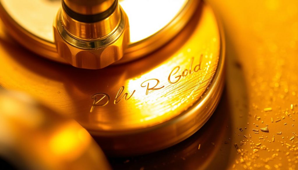 A close-up view of the intricate gold vermeil plating process, showcasing the delicate layering of pure gold over a sterling silver base. The scene is illuminated by warm, diffused lighting, casting a soft, golden glow on the metallic surfaces. The composition highlights the fine details of the plating technique, emphasizing the value and craftsmanship that goes into creating gold vermeil jewelry. The image conveys a sense of precision, quality, and the inherent value proposition of this precious metal alloy.