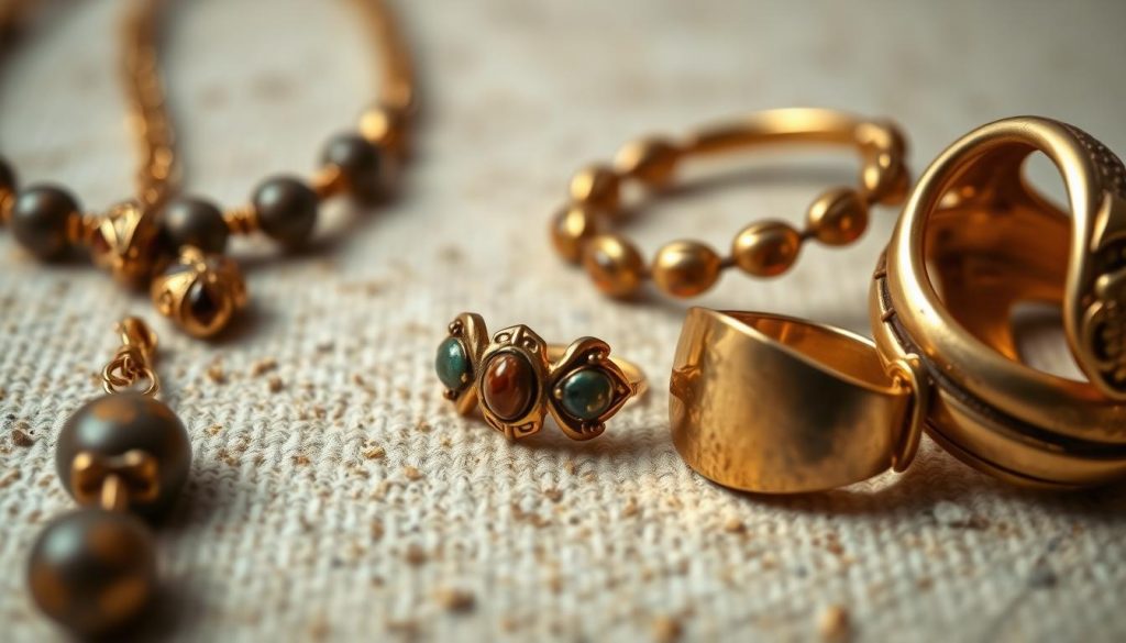 A closeup, high-resolution image of gold plated jewelry displaying signs of tarnishing. The foreground shows various pieces of HonHo Jewelry - a necklace, bracelet, and ring - with visible discoloration, patchy oxidation, and a dull, worn appearance. The middle ground features the jewelry against a neutral, textured background that emphasizes the tarnishing. The lighting is soft and diffused, creating shadows that accentuate the imperfections. The overall atmosphere conveys a sense of age, wear, and the gradual deterioration of the gold plating over time. A closeup, high-resolution image of gold plated jewelry displaying signs of tarnishing. The foreground shows various pieces of HonHo Jewelry - a necklace, bracelet, and ring - with visible discoloration, patchy oxidation, and a dull, worn appearance. The middle ground features the jewelry against a neutral, textured background that emphasizes the tarnishing. The lighting is soft and diffused, creating shadows that accentuate the imperfections. The overall atmosphere conveys a sense of age, wear, and the gradual deterioration of the gold plating over time.