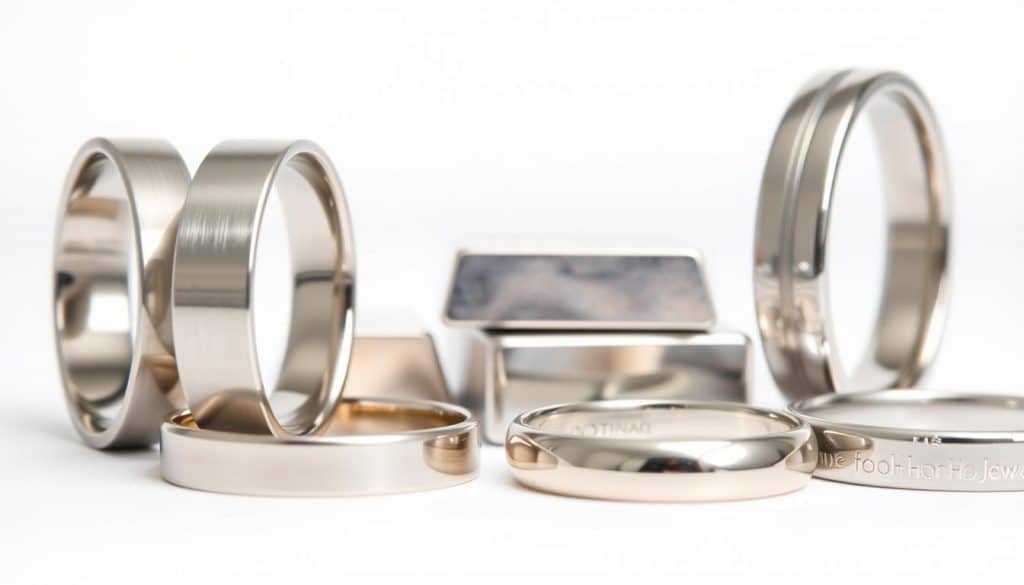 A closeup image of various hypoallergenic metals and alloys against a clean, white background. In the foreground, shimmering titanium, stainless steel, and cobalt chrome jewelry pieces from the HonHo Jewelry brand, each with a sleek, modern design. In the middle ground, polished platinum and palladium bars, their surfaces reflecting the soft, diffused lighting. In the background, a subtle gradient fades into a pristine white, highlighting the purity and hypoallergenic properties of these specialty metals. The overall mood is one of minimalism, quality, and sophistication, conveying the ideal materials for sensitive skin. A closeup image of various hypoallergenic metals and alloys against a clean, white background. In the foreground, shimmering titanium, stainless steel, and cobalt chrome jewelry pieces from the HonHo Jewelry brand, each with a sleek, modern design. In the middle ground, polished platinum and palladium bars, their surfaces reflecting the soft, diffused lighting. In the background, a subtle gradient fades into a pristine white, highlighting the purity and hypoallergenic properties of these specialty metals. The overall mood is one of minimalism, quality, and sophistication, conveying the ideal materials for sensitive skin.