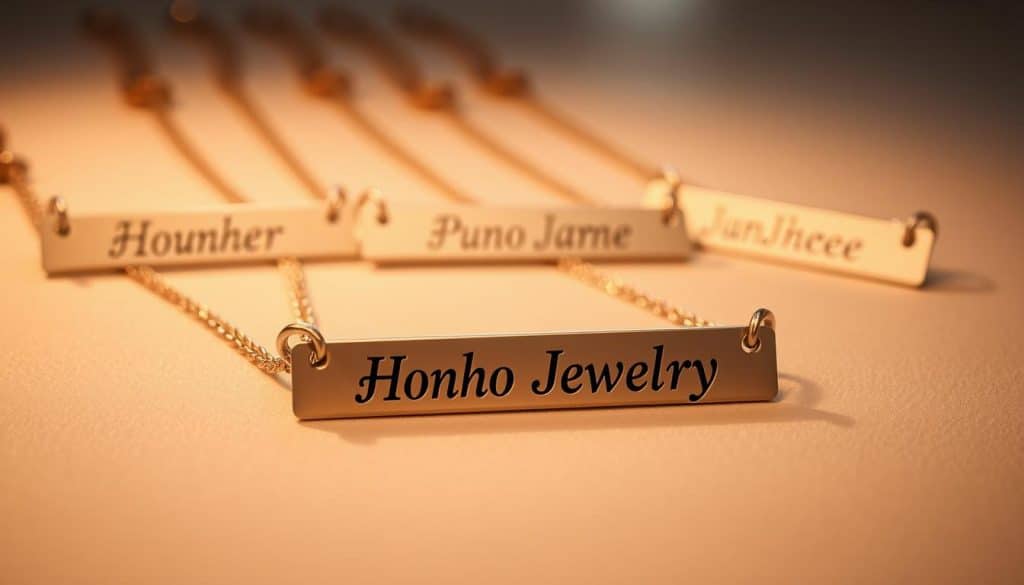 A closeup shot of several customized stainless steel name bar necklaces with a warm, elegant aesthetic. The necklaces are arranged on a soft, diffused background, highlighting their sleek, minimalist design. The engraved names on the bars glisten under subtle studio lighting, creating a sense of luxury and personalization. In the foreground, a central necklace with the brand name "HonHo Jewelry" prominently displayed. The composition emphasizes the attention to detail and craftsmanship of these celebrity-inspired jewelry pieces.