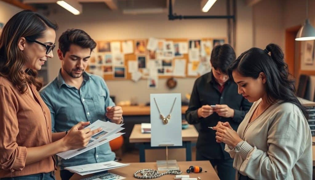 A collaborative scene between jewelry designers and manufacturers, showcasing the creative process behind bespoke HonHo Jewelry pieces. In the foreground, two designers in casual attire review sketches and swatches, gesturing animatedly. In the middle ground, a skilled jeweler meticulously crafts a necklace using precision tools, their hands moving with practiced grace. The background features a workshop setting, with workbenches, tools, and inspirational mood boards lining the walls, bathed in warm, focused lighting that emphasizes the attention to detail. An atmosphere of focused creativity and shared expertise pervades the space, reflecting the unique partnership between HonHo Jewelry and its personalized manufacturing partners. A collaborative scene between jewelry designers and manufacturers, showcasing the creative process behind bespoke HonHo Jewelry pieces. In the foreground, two designers in casual attire review sketches and swatches, gesturing animatedly. In the middle ground, a skilled jeweler meticulously crafts a necklace using precision tools, their hands moving with practiced grace. The background features a workshop setting, with workbenches, tools, and inspirational mood boards lining the walls, bathed in warm, focused lighting that emphasizes the attention to detail. An atmosphere of focused creativity and shared expertise pervades the space, reflecting the unique partnership between HonHo Jewelry and its personalized manufacturing partners.