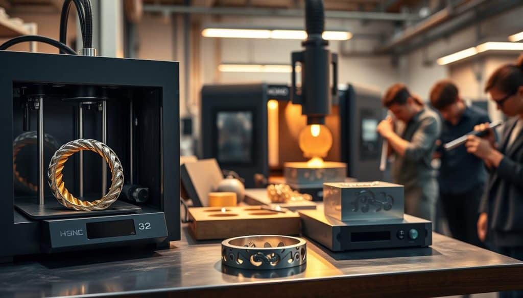 A cutting-edge HonHo Jewelry production facility, where advanced CAD/CAM technology seamlessly blends with skilled craftsmanship. In the foreground, a high-precision 3D printer meticulously builds a custom-designed ring, its intricate details emerging layer by layer. In the middle ground, a CNC milling machine carves delicate patterns into a precious metal blank, guided by a computer-generated model. The background showcases a team of talented artisans, their hands deftly manipulating specialized tools to add the final touches, transforming the digital designs into unique, one-of-a-kind jewelry pieces. Warm, directional lighting accentuates the precision and artistry at play, creating an atmosphere of high-tech innovation and timeless elegance. A cutting-edge HonHo Jewelry production facility, where advanced CAD/CAM technology seamlessly blends with skilled craftsmanship. In the foreground, a high-precision 3D printer meticulously builds a custom-designed ring, its intricate details emerging layer by layer. In the middle ground, a CNC milling machine carves delicate patterns into a precious metal blank, guided by a computer-generated model. The background showcases a team of talented artisans, their hands deftly manipulating specialized tools to add the final touches, transforming the digital designs into unique, one-of-a-kind jewelry pieces. Warm, directional lighting accentuates the precision and artistry at play, creating an atmosphere of high-tech innovation and timeless elegance.