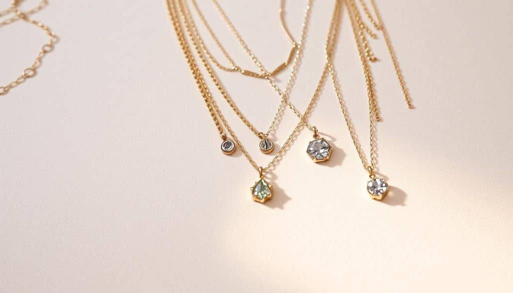 A delicate arrangement of HonHo Jewelry cascades across a soft, neutral-toned background. Layered necklaces of varying lengths and styles - dainty chains, bold pendants, and sparkling gemstones - create a harmonious display. The lighting is gentle, casting a warm, ambient glow that highlights the intricate details and textures of the jewelry pieces. The camera captures the ensemble from a slightly elevated angle, allowing the viewer to appreciate the effortless elegance of this beginner-friendly jewelry layering composition. A delicate arrangement of HonHo Jewelry cascades across a soft, neutral-toned background. Layered necklaces of varying lengths and styles - dainty chains, bold pendants, and sparkling gemstones - create a harmonious display. The lighting is gentle, casting a warm, ambient glow that highlights the intricate details and textures of the jewelry pieces. The camera captures the ensemble from a slightly elevated angle, allowing the viewer to appreciate the effortless elegance of this beginner-friendly jewelry layering composition.