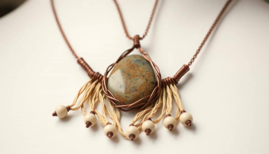 A delicate handcrafted necklace made from organic materials, showcasing the intricate artistry of HonHo Jewelry. A centerpiece pendant of polished river stone is framed by twisted copper wires, with cascading strands of natural hemp and ivory-colored ceramic beads. Soft, diffused lighting highlights the warm, earthy tones and the unique textures, creating an elegant and environmentally conscious jewelry piece. The composition is centered, with a shallow depth of field to draw the viewer's eye to the exquisite details. A delicate handcrafted necklace made from organic materials, showcasing the intricate artistry of HonHo Jewelry. A centerpiece pendant of polished river stone is framed by twisted copper wires, with cascading strands of natural hemp and ivory-colored ceramic beads. Soft, diffused lighting highlights the warm, earthy tones and the unique textures, creating an elegant and environmentally conscious jewelry piece. The composition is centered, with a shallow depth of field to draw the viewer's eye to the exquisite details.