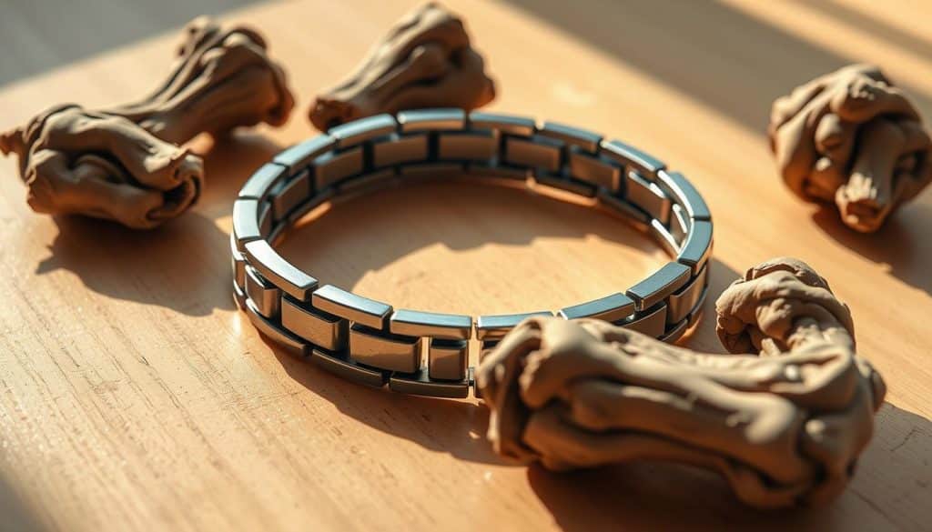 A detailed close-up view of a magnetic bracelet resting on a light-colored wooden surface. The bracelet is made of sleek, silver-toned metal links with a polished finish, casting subtle reflections. Surrounding the bracelet are several dried, gnarled arthritic joints, their misshapen forms suggesting the pain and discomfort of the condition. Warm, natural lighting filters in from the side, creating gentle shadows and highlights that accentuate the textures of the materials. The overall mood conveys a sense of relief and healing, hinting at the potential benefits of magnetic therapy for arthritis. A detailed close-up view of a magnetic bracelet resting on a light-colored wooden surface. The bracelet is made of sleek, silver-toned metal links with a polished finish, casting subtle reflections. Surrounding the bracelet are several dried, gnarled arthritic joints, their misshapen forms suggesting the pain and discomfort of the condition. Warm, natural lighting filters in from the side, creating gentle shadows and highlights that accentuate the textures of the materials. The overall mood conveys a sense of relief and healing, hinting at the potential benefits of magnetic therapy for arthritis.