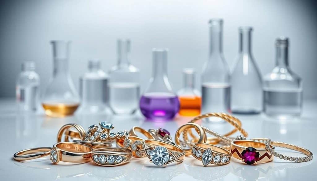 A detailed comparison of various anti-tarnish jewelry treatments and technologies. In the foreground, a collection of different jewelry pieces - rings, necklaces, and bracelets - showcasing their shine and luster. In the middle ground, scientific-looking glassware and lab equipment, symbolizing the technical aspects of the treatments. The background features a sleek, minimalist setting with soft, even lighting, emphasizing the clean and professional nature of the display. The overall mood is one of precision, quality, and a commitment to preserving the beauty of fine jewelry.