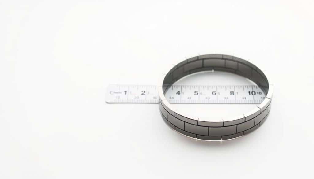 A detailed magnetic bracelet sizing guide against a clean, white background. The bracelet is positioned in the foreground, showcasing its sleek, metallic design. The middle ground features a ruler or measurement tape alongside the bracelet, providing clear visual cues for sizing. The background is evenly lit, creating a bright, minimalist atmosphere that emphasizes the bracelet's form and the sizing information. The composition is balanced, with the bracelet and sizing elements occupying the center of the frame, allowing the viewer to clearly understand the sizing process. The overall mood is professional, informative, and tailored to the needs of the "How to Choose the Right Magnetic Bracelet" section. A detailed magnetic bracelet sizing guide against a clean, white background. The bracelet is positioned in the foreground, showcasing its sleek, metallic design. The middle ground features a ruler or measurement tape alongside the bracelet, providing clear visual cues for sizing. The background is evenly lit, creating a bright, minimalist atmosphere that emphasizes the bracelet's form and the sizing information. The composition is balanced, with the bracelet and sizing elements occupying the center of the frame, allowing the viewer to clearly understand the sizing process. The overall mood is professional, informative, and tailored to the needs of the "How to Choose the Right Magnetic Bracelet" section.