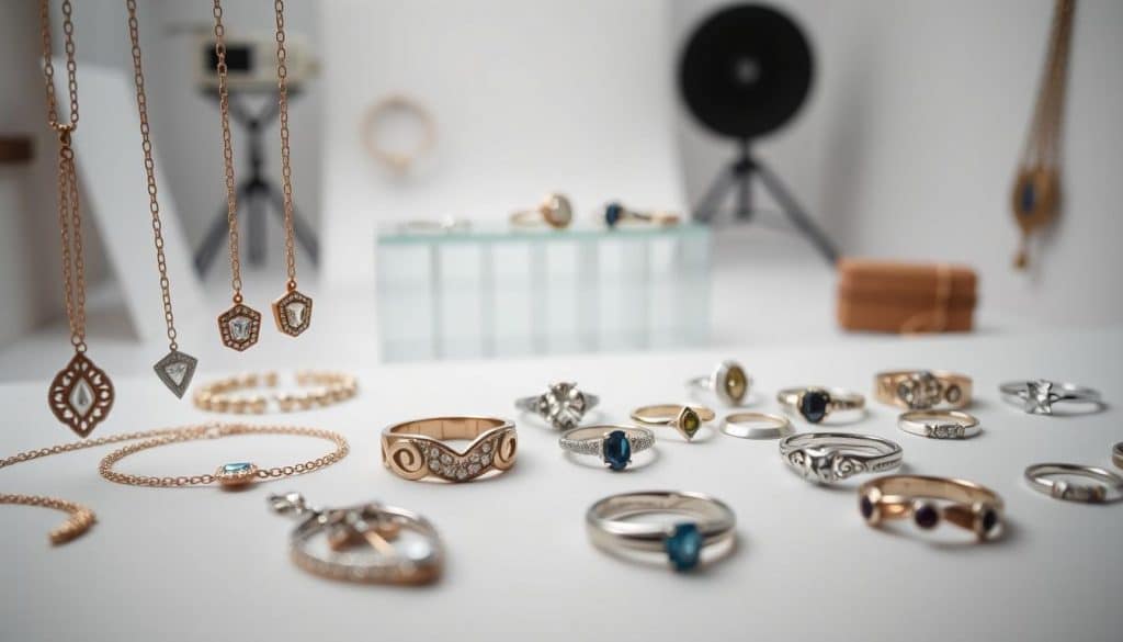 A detailed portfolio of custom jewelry crafted by the skilled artisans at HonHo Jewelry. In the foreground, a collection of delicate necklaces, bracelets, and earrings showcasing intricate metalwork and sparkling gemstones. In the middle ground, a variety of unique rings in various styles and materials, each one a testament to the company's attention to detail. The background features a clean, minimalist studio setting with soft, natural lighting illuminating the exquisite pieces. The overall mood is one of elegance, sophistication, and the celebration of individualized, handcrafted jewelry. A detailed portfolio of custom jewelry crafted by the skilled artisans at HonHo Jewelry. In the foreground, a collection of delicate necklaces, bracelets, and earrings showcasing intricate metalwork and sparkling gemstones. In the middle ground, a variety of unique rings in various styles and materials, each one a testament to the company's attention to detail. The background features a clean, minimalist studio setting with soft, natural lighting illuminating the exquisite pieces. The overall mood is one of elegance, sophistication, and the celebration of individualized, handcrafted jewelry.