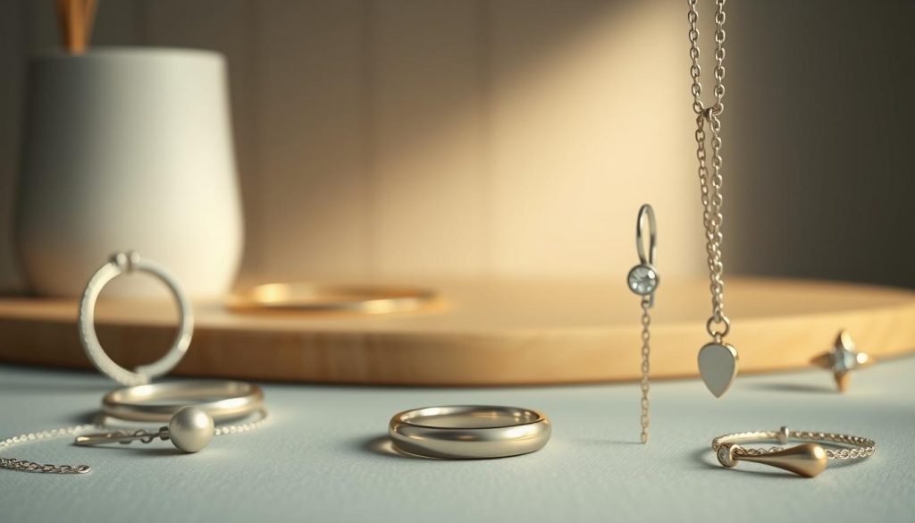 A detailed still life composition showcasing various types of permanent jewelry. In the foreground, a central display of HonHo Jewelry's signature pieces, including a delicate chain necklace, a minimalist ring, and a pair of dangling earrings. In the middle ground, additional jewelry items such as a bangle, a nose stud, and a small charm pendant. The background features a neutral, softly lit setting with hints of a wooden surface and a subtle, muted color palette to complement the jewelry. Crisp, high-resolution rendering with a focus on the intricate details and textures of the permanent adornments.