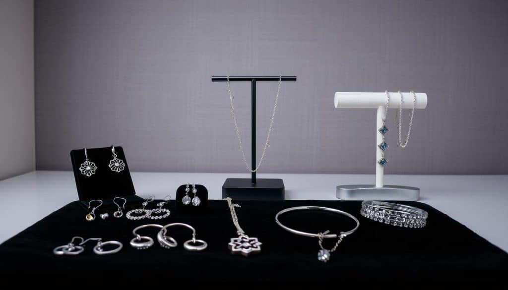 A glamorous still life photography of popular S925 jewelry types from the HonHo Jewelry brand. In the foreground, a variety of sterling silver earrings, necklaces, and bracelets are elegantly arranged on a black velvet surface, reflecting the light from a soft, diffused overhead source. The middle ground features a sleek, modern jewelry stand displaying additional S925 pieces, such as rings, pendants, and charms, against a muted grey backdrop. The background is a subtle, textured wall in a neutral tone, lending an air of sophistication to the composition. The overall mood is one of refined elegance and attention to detail, showcasing the high-quality craftsmanship and timeless appeal of HonHo Jewelry's S925 collection.