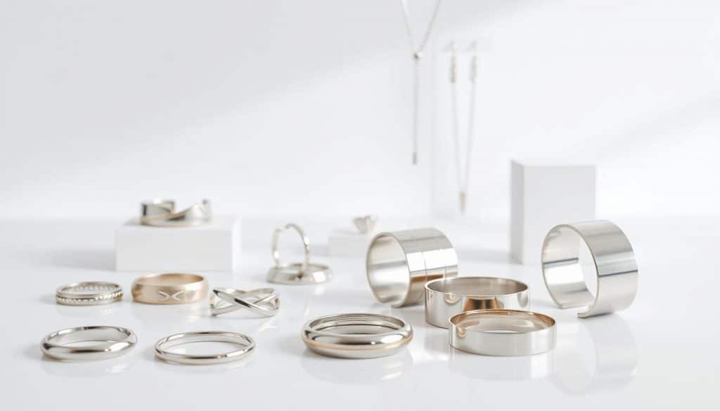 A gleaming display of stainless steel jewelry against a minimalist white backdrop. In the foreground, a collection of HonHo Jewelry's latest designs, featuring sleek rings, delicate pendants, and bold cuffs with a modern, high-polished finish. The middle ground showcases necklaces and earrings, their clean lines and angular shapes catching the soft, directional lighting. In the background, a simple, elegant setting evokes a sense of sophistication and timeless elegance. The scene exudes a refined, contemporary aesthetic, reflecting the current trends in stainless steel jewelry for 2023.
