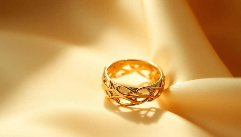 A gleaming golden ring, gently cradled in a softly-lit close-up, showcasing the intricate metalwork and delicate sheen of vermeil. In the background, a satin-smooth surface reflects the captivating jewelry, while subtle shadows add depth and dimension. The lighting, slightly diffused, creates a warm, inviting atmosphere, highlighting the luxurious, well-cared-for nature of the precious metal. A sense of elegant simplicity pervades the scene, inviting the viewer to appreciate the beauty and craftsmanship of this timeless accessory.