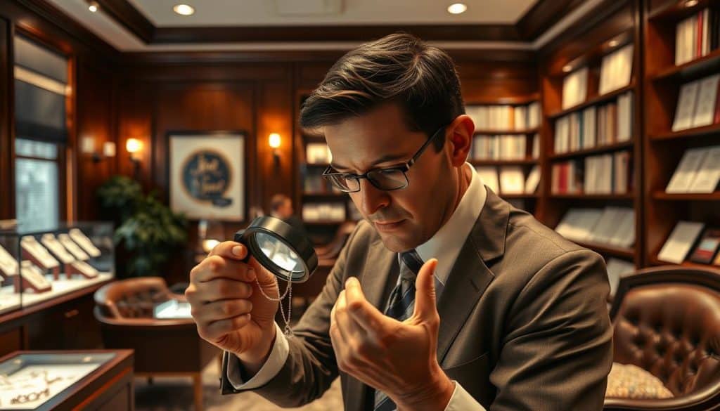 A high-end jewelry appraisal office with a warm, professional atmosphere. The interior features elegant wood paneling, plush leather chairs, and discreet lighting that casts a soft, inviting glow. In the foreground, a skilled appraiser examines a delicate necklace under a magnifying glass, their face bathed in a focused, analytical expression. The middle ground showcases display cases housing an array of expertly curated jewelry, each piece gleaming with the promise of quality and value. The background reveals floor-to-ceiling shelves lined with reference books and certificates, signifying the depth of expertise and the meticulous attention to detail that defines this establishment. The overall mood conveys a sense of trust, expertise, and the careful preservation of precious heirlooms.