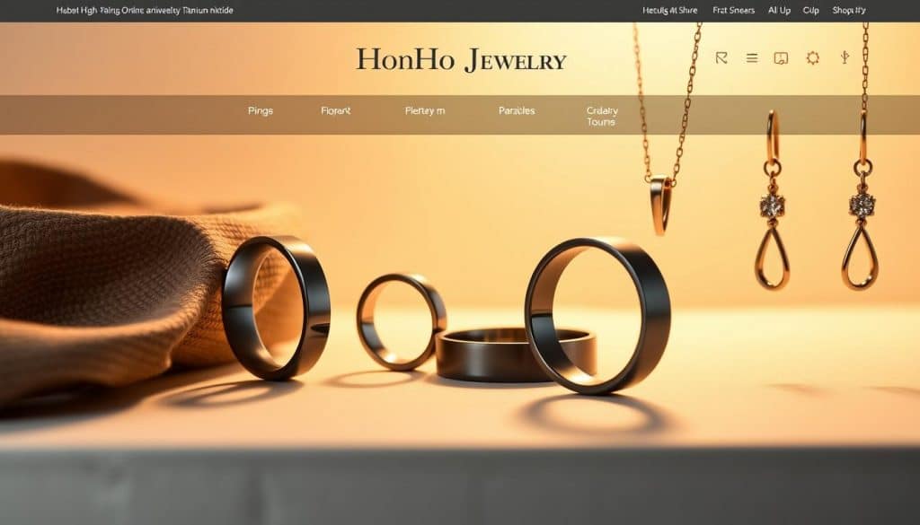 A high-end online jewelry store, "HonHo Jewelry", displays an elegant collection of titanium nitride PVD-coated rings, necklaces, and earrings. The lighting is soft and warm, creating a luxurious ambiance. The pieces are photographed against a clean, minimalist background, allowing the sleek, metallic finish of the titanium nitride to shine. The camera angle showcases the intricate details and craftsmanship of the jewelry, inviting the viewer to appreciate the timeless beauty of this durable and hypoallergenic material.