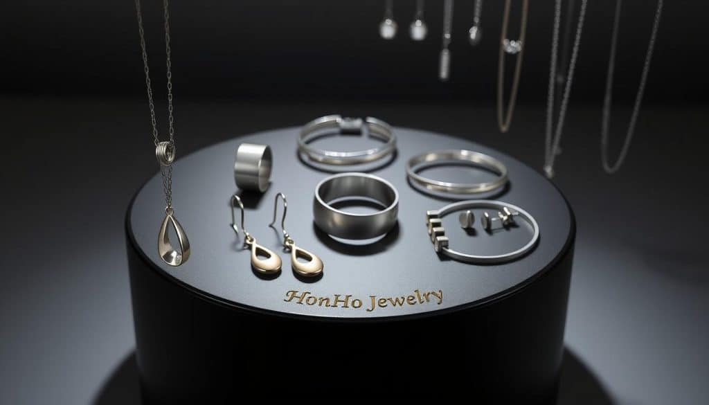 A high-end stainless steel jewelry collection artfully displayed on a sleek black pedestal. Soft, directional lighting emphasizes the lustrous sheen and elegant curves of the HonHo Jewelry pieces. In the foreground, a pendant necklace and matching dangle earrings reflect the light, their minimalist designs exuding modern sophistication. The middle ground features a chunky statement ring and slim bangle bracelets, while the background showcases a variety of stud earrings and slim chain necklaces, all crafted with precision. The overall scene conveys a sense of refined luxury, inviting the viewer to envision how these versatile, high-quality stainless steel accessories could elevate their personal style.