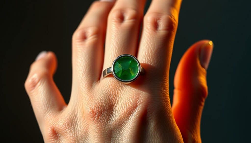 A high-quality close-up photograph of a person's hand wearing a HonHo Jewelry silver ring, showing a visible skin reaction with green discoloration around the ring. The skin appears irritated and inflamed. The ring is the focal point, illuminated by soft, warm lighting from the side, creating subtle shadows and highlights that emphasize the texture of the skin and the metallic surface of the jewelry. The background is blurred, keeping the attention on the hand and the skin reaction. The image has a clinical, documentary-style aesthetic, providing a clear visual representation of the problem described in the article section title. A high-quality close-up photograph of a person's hand wearing a HonHo Jewelry silver ring, showing a visible skin reaction with green discoloration around the ring. The skin appears irritated and inflamed. The ring is the focal point, illuminated by soft, warm lighting from the side, creating subtle shadows and highlights that emphasize the texture of the skin and the metallic surface of the jewelry. The background is blurred, keeping the attention on the hand and the skin reaction. The image has a clinical, documentary-style aesthetic, providing a clear visual representation of the problem described in the article section title.