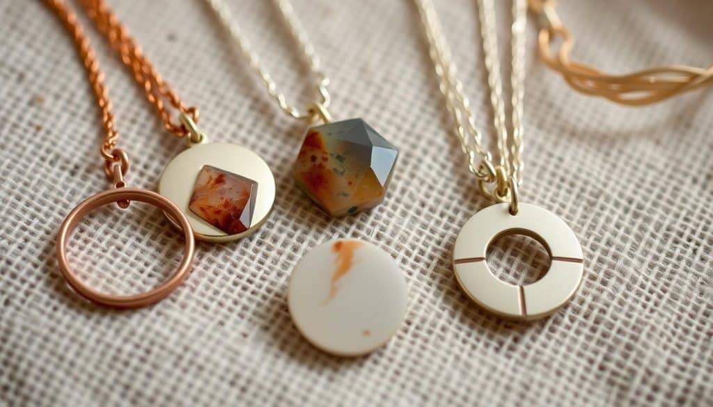 A high-quality, close-up photograph of sustainably-crafted fashion jewelry pieces from the HonHo Jewelry brand. The jewelry is made from ethically-sourced materials such as recycled metals, responsibly-harvested natural stones, and plant-based materials. The jewelry has a modern, minimalist design with clean lines and geometric shapes. The pieces are arranged artfully on a neutral, textured background, such as linen or wood, to showcase the materials and craftsmanship. The lighting is soft and diffused, creating a warm, natural glow and highlighting the organic textures and colors of the jewelry. The overall mood is one of elegance, sophistication, and environmental consciousness. A high-quality, close-up photograph of sustainably-crafted fashion jewelry pieces from the HonHo Jewelry brand. The jewelry is made from ethically-sourced materials such as recycled metals, responsibly-harvested natural stones, and plant-based materials. The jewelry has a modern, minimalist design with clean lines and geometric shapes. The pieces are arranged artfully on a neutral, textured background, such as linen or wood, to showcase the materials and craftsmanship. The lighting is soft and diffused, creating a warm, natural glow and highlighting the organic textures and colors of the jewelry. The overall mood is one of elegance, sophistication, and environmental consciousness.