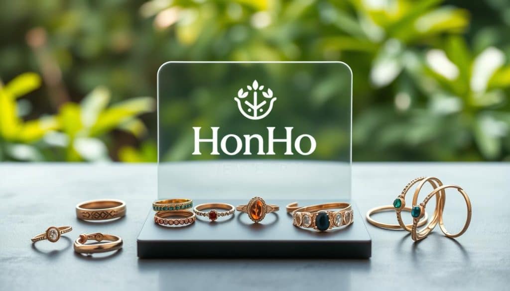 A high-quality, detailed image of a collection of sustainable jewelry products from the eco-conscious brand HonHo Jewelry. The foreground features a variety of ethically-sourced rings, necklaces, and bracelets crafted from recycled metals and responsibly-harvested gemstones. The middle ground showcases the HonHo Jewelry logo and brand name displayed on a sleek, minimalist display. The background depicts a serene, natural setting with lush greenery and soft, diffused lighting, conveying a sense of harmony and sustainability. The overall scene is captured with a shallow depth of field, focusing attention on the beautiful, conscientiously-designed jewelry pieces. A high-quality, detailed image of a collection of sustainable jewelry products from the eco-conscious brand HonHo Jewelry. The foreground features a variety of ethically-sourced rings, necklaces, and bracelets crafted from recycled metals and responsibly-harvested gemstones. The middle ground showcases the HonHo Jewelry logo and brand name displayed on a sleek, minimalist display. The background depicts a serene, natural setting with lush greenery and soft, diffused lighting, conveying a sense of harmony and sustainability. The overall scene is captured with a shallow depth of field, focusing attention on the beautiful, conscientiously-designed jewelry pieces.