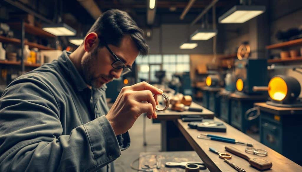 A high-quality, detailed workshop interior showcasing the custom jewelry manufacturing process at HonHo Jewelry. In the foreground, a skilled artisan meticulously hand-crafts a unique ring, carefully shaping and polishing the precious metal. Intricate tools and workbenches fill the mid-ground, while the background reveals specialized equipment like casting furnaces and polishing machines. Warm, focused lighting illuminates the various stages of the bespoke jewelry creation. The overall scene conveys a sense of artistry, precision, and the careful attention to detail that defines HonHo Jewelry's made-to-order approach. A high-quality, detailed workshop interior showcasing the custom jewelry manufacturing process at HonHo Jewelry. In the foreground, a skilled artisan meticulously hand-crafts a unique ring, carefully shaping and polishing the precious metal. Intricate tools and workbenches fill the mid-ground, while the background reveals specialized equipment like casting furnaces and polishing machines. Warm, focused lighting illuminates the various stages of the bespoke jewelry creation. The overall scene conveys a sense of artistry, precision, and the careful attention to detail that defines HonHo Jewelry's made-to-order approach.