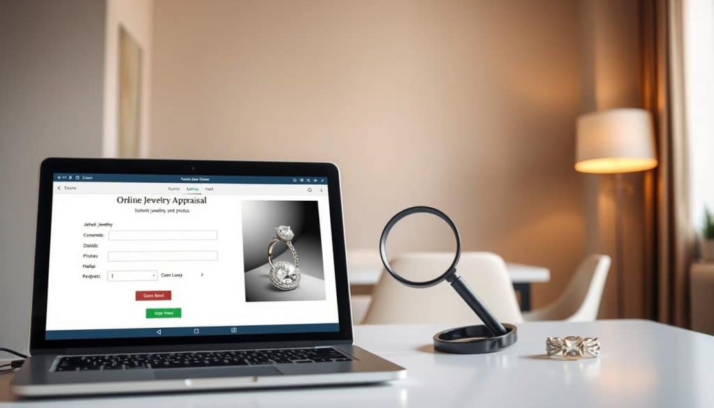 A high-quality image of an online jewelry appraisal service. In the foreground, a laptop display shows a user-friendly interface for submitting jewelry details and photos. The middle ground features a magnifying glass, a gem loupe, and a well-lit jewelry piece. In the background, a warm, minimalist office setting with clean lines and natural lighting creates a professional, trustworthy atmosphere. The lighting is soft and directional, highlighting the jewelry and the technology seamlessly. The overall composition conveys the convenience and expertise of an online jewelry appraisal, setting the stage for the article's discussion of the pros and cons of this service.